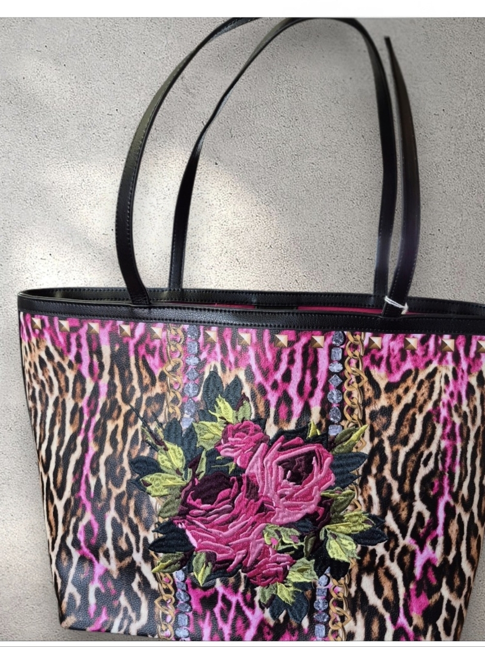 Betsey Johnson Leopard Embroidered Floral Patch Tote Bag - Picture 4 of 13